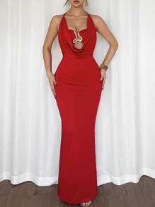 Rafferiza 女士优雅露肩金属花性感镂空紧身深垂领连衣裙，红色，约会，情人节，派对 - 紅色 - 查看 4