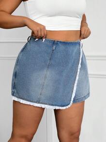 SHEIN EZwear Culotte vaquero casual con volantes para mujer de tallas grandes - Azul lavado medio - Ver 1