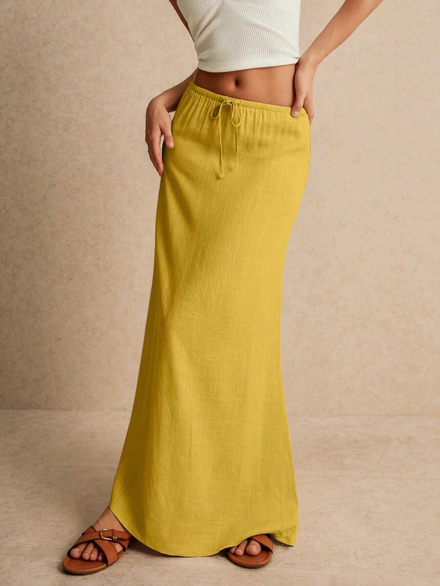 Poéselle Váy nữ, váy Maxi dài chấm đất, buộc eo, váy dễ thương, váy cạp trễ - Màu vàng - Xem 1