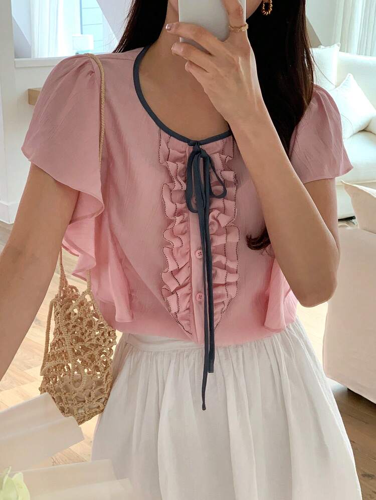 New Summer Elegant Tie-Up Versatile Girl Style Women Short Sleeve Blouse,Ruffle