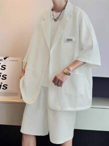 SHEIN Leap Crew Teen Boys Gentleman Suit, Casual, Collegiate, Comfortable, Fashionable, Versatile, Suitable For Daily Wear, School, Outdoor Activities, Sports, Valentine's Day Party, Beach Holiday - Beige - View 1