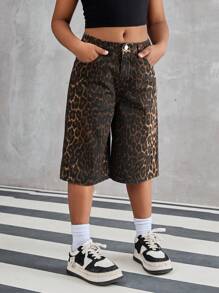 SHEIN Pantalones anchos de pierna ancha recortados con estampado de leopardo suelto y estilo retro para niña preadolescente en verano