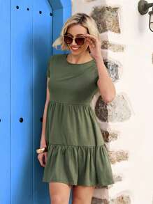 Vivid Eden Ruffle Hem Solid Dress.Women Summer Clothing,Vacation Style,For Beach Vacation - Army Green - View 6