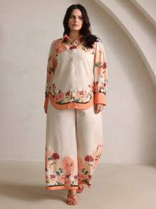 Anewsta Set de blusa y pantalones estampado floral de mujer tejido, estilo romántico de resort, primavera/otoño - Albaricoque - Ver 3