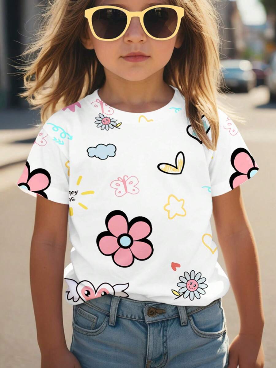 SHEIN Leap Crew Tween Girls' Casual Simple Short Sleeve Round Neck T-Shirt, Suitable For Summer - White - View 1