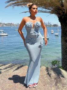 SHEIN SXY Spring-Summer Vacation Day At The Beach Blue Crochet 3D Flower Spaghetti Strap Dress - Blue - View 1
