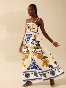 CAJUNI Women's Boho Tropical Color Print, Halter Ultra Long Dress, Summer Casual, Beach Holiday Dress