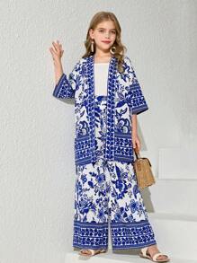 SHEIN Tween Girl 1pc Bloemenprint Kimono & 1pc Broek