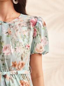 SHEIN Maternity Dress With Puff Sleeves, Tie-Front & Floral Print