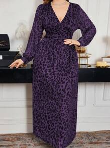 Modelyn Vestido elegante con estampado de leopardo, de tallas grandes, con escote cruzado, cintura asimétrica, mangas farol amplias y plisadas