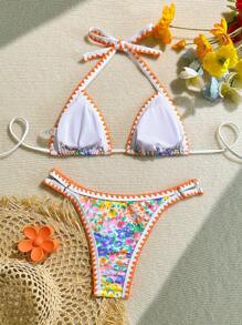 Soleia 2pcs Women's White Floral Ditsy Shell Trim Bikini Set,Summer Boho Swimsuits For Holiday,Beachwear,Pool Party Vacation Outfits For Women - Multicolor - View 2