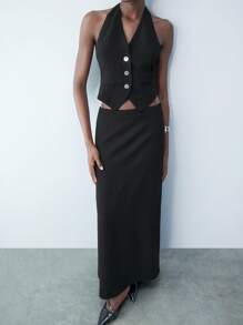 Maija 女式 V 领修身腰部西装背心和长裙，现代都市百搭春夏商务休闲装，黑色两件套 - 黑色 - 查看 4