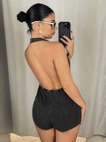 SHEIN ICON Women's Y2k Spring Summer Sexy Deep V-Neck Halter Backless Romper Unitard,Casual For Everyday Wear - Grey - View 2