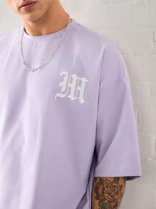 Manfinity VCAY Unisex Casual Loose Drop Shoulder Round Neck Short Sleeve T-Shirt With Embroidered Pattern, Suitable For Daily Wear - Mauve Purple - View 2