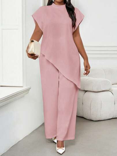 SHEIN Lady Blusa plus size feminina lisa metálica gola redonda 3 solta bainha assimétrica elegante