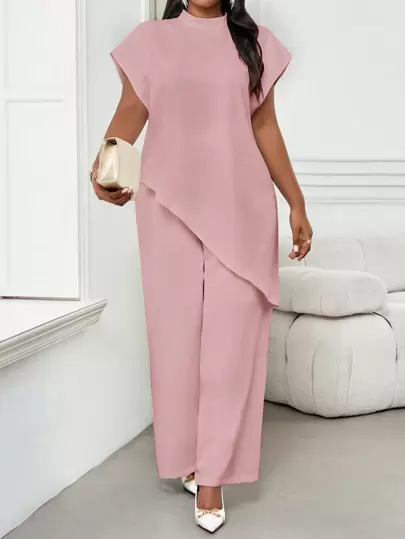 SHEIN Lady Blusa elegante de manga larga con cuello redondo, bajo asimétrico y diseño metalizado para mujer talla grande, ideal para fiestas de San Valentín y Año Nuevo