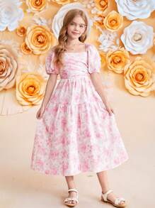 SHEIN Tween Girl 优雅方形领口花卉印花泡泡袖中长连衣裙 - 粉色 - 查看 8