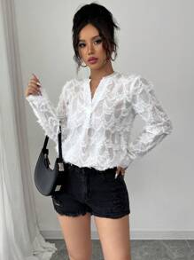 Elenzga Women's Elegant Simple Office Shirt, White Stand Collar Long Sleeve Sheer Hollow Out Details Fall Cloth For Women - White - View 3