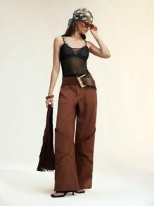 SHEIN Unity Women's Fashion Loose Casual Wide Leg Pants, Cargo Pants, Brown Color Summer For Women Fall For Women - Coffee Brown - View 4