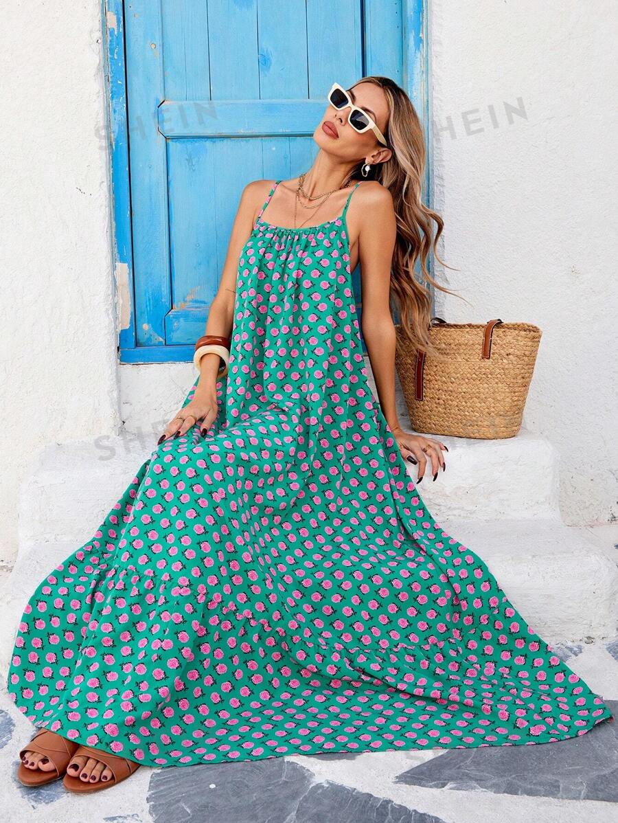 SHEIN VCAY Vestido casual de tiras de espagueti con estampado floral para mujer de talla grande, para vacaciones