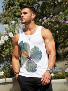 Manfinity RSRT Fashion Casual Holiday Style Watercolor Tropical Plants And Flowers Digital Print Pattern Code Men's Fitted Straight Shoulder Tank Top Suitable For Summer Outdoor Vacation Dating Party Wear Suitable For Couples Wear Suitable For Boyfriend Gift - Multicolor - View 8