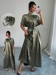 Elenzga Women's Summer Occasion Casual Loose Dress, Gold & Green Floral Decor Bat Wing Sleeves, V-Neck Maxi Gown Dress, Suitable For Outing, Date, Holiday, Eid, Music Festival, Wedding