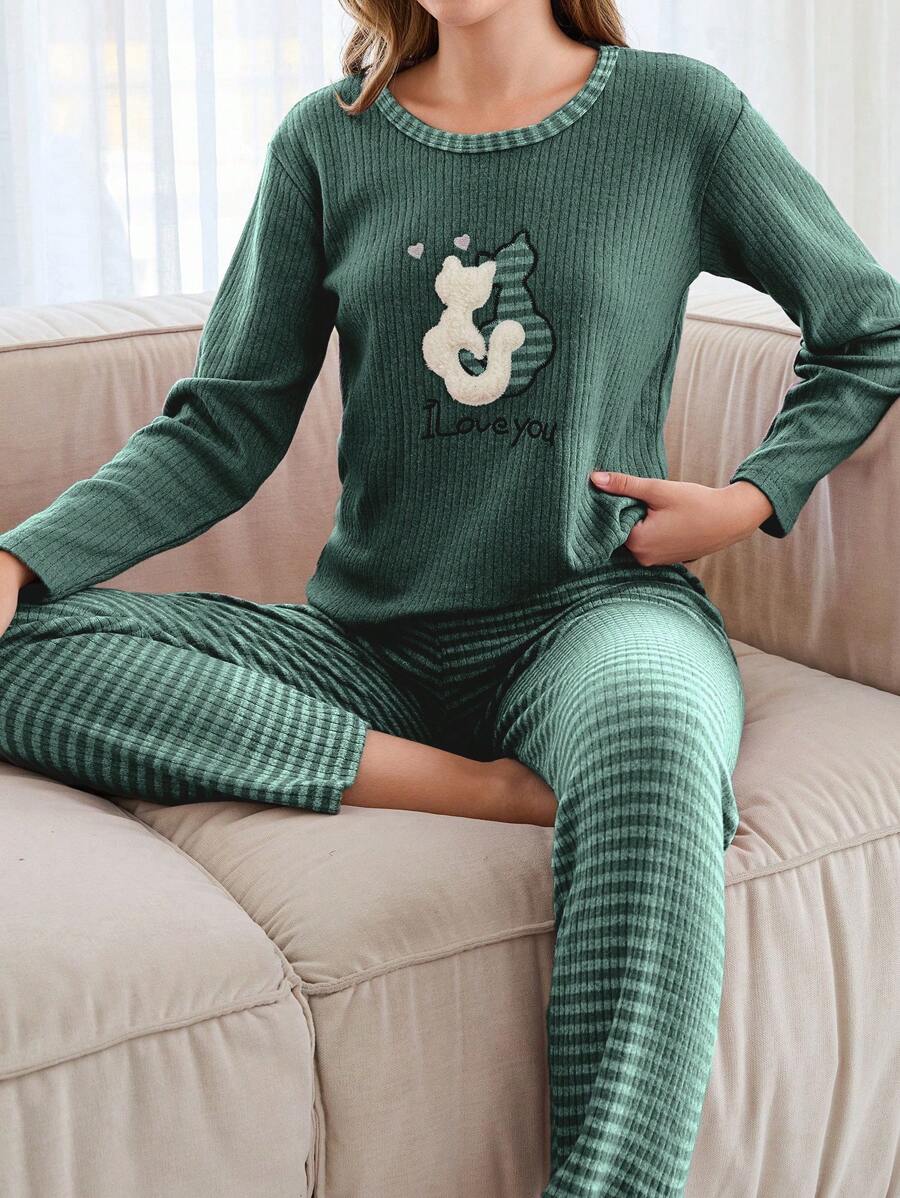 EURMUSE 100% Cotton 2 Pcs  Cat Embroidered Detail Shirt And Striped Sleep Bottom PJ Set - Green - View 1