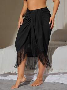 Swim Lushoire Plus Size Women 1pc Long Fringe Hem Sexy Beach Casual Vacation Matching Cover Up Skirt, Summer - Black - View 6