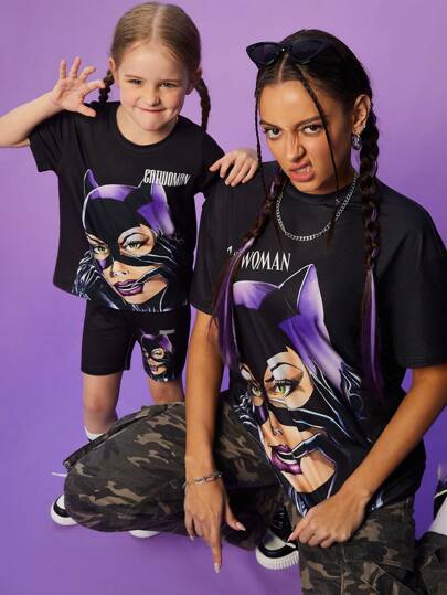 CATWOMAN X SHEIN 2pcs Young Girl Cool Figure Graphic Casual Short Sleeve T-Shirt And Shorts Set