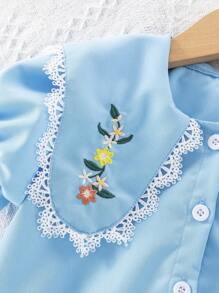 Girls Summer Embroidered Ruffle Collar Short Sleeve Dress, Versatile, 4-7 Years - Blue - View 5