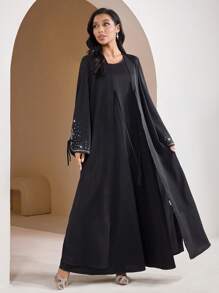 Veilorie Women's Elegant Black Slit Tie Rope Long Sleeves Arabian Burkha Abaya, Concert Women Old Money Spring Break Modest Robe Abaya - Black - View 2