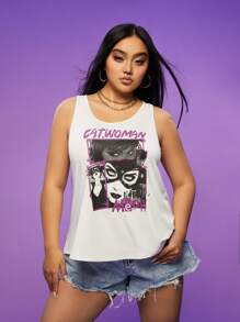 CATWOMAN X SHEIN Große Größe klassischer, vielseitiger, dunkel-würziger Cartoon Charakter Logo bedrucktes weißes A-Linien Locker Trägershirt, Sommer - Weiss - Übersicht 5