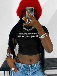 Women's Casual Slogan Graphic Cropped Fitted T-Shirt - Black - View 1