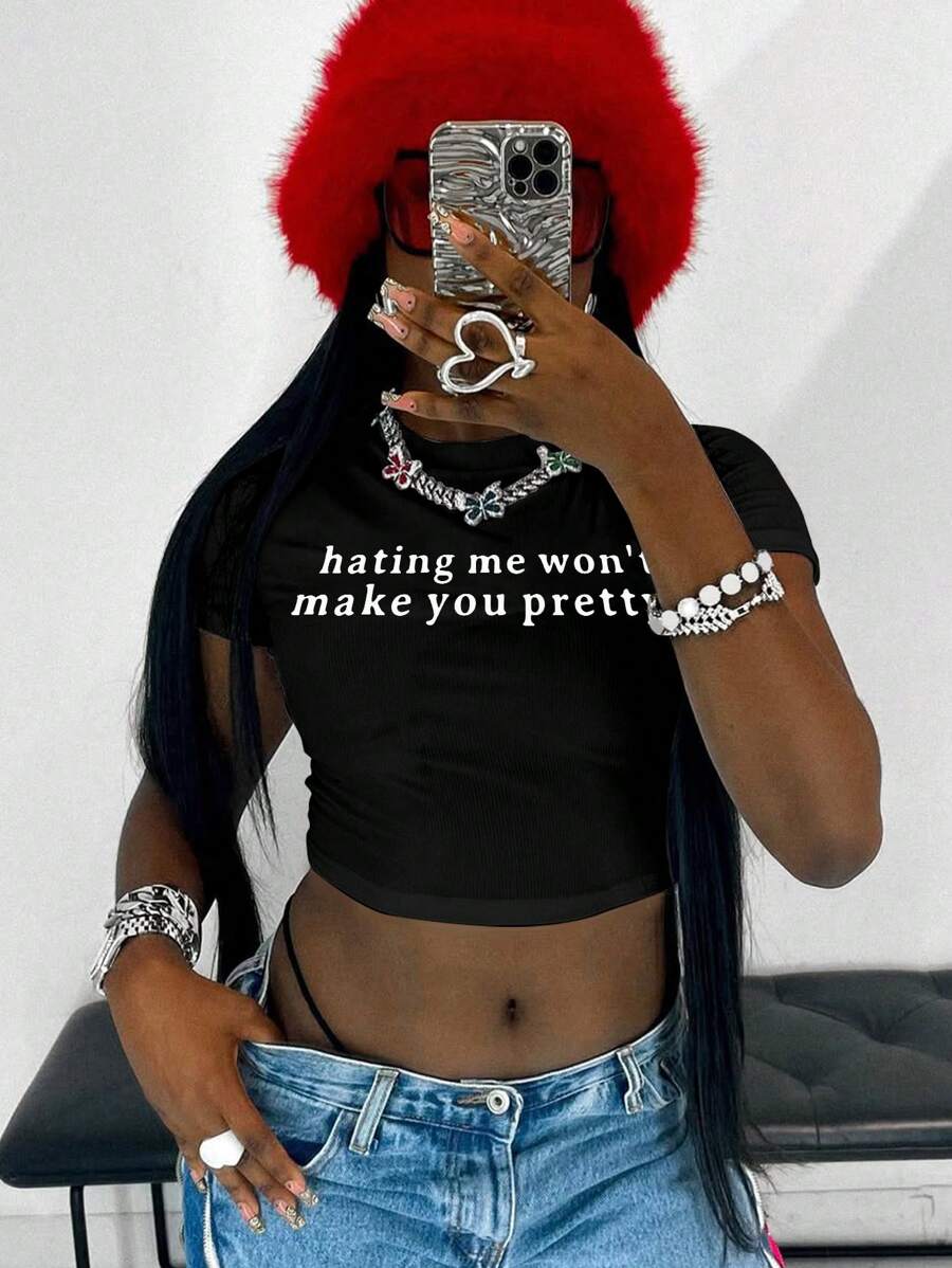 Women's Casual Slogan Graphic Cropped Fitted T-Shirt - Black - View 1