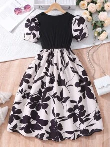 Đầm dự tiệc thanh lịch cổ tròn tay ngắn in hoa mùa hè cho bé gái - màu đen - Xem 7