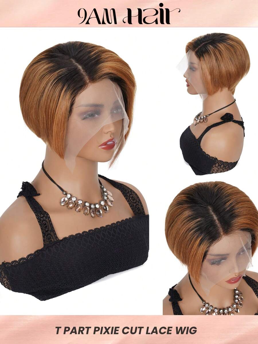 Perruque Courte De 6 Pouces À Coupe De Fée, Perruques Avant En Dentelle T-partie Courte, Perruques En Dentelle Brune Ombrée T30 En Cheveux Humains, Perruques Droites En Cheveux Très Pour Une Occasion Quotidienne - SNATURAL/30 - Voir 1