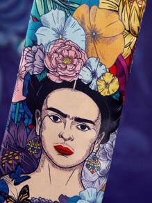 Frida Kahlo X SHEIN 100 cm Elegant Floral Printed Dublu-Adevărat Satin Neted Eșarfă Șal Accesoriu de păr Bandă de păr, Potrivit pentru viața de zi cu zi și vacanță Bandă de păr Turban