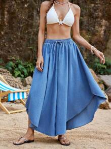 SHEIN VCAY Women's Baggy Jeans Aqua Blue Summer Boho Vacation Holiday Casual Loose Pants Beach Rave Festival Low Rise Flowy Skorts Western Wear Y2k Spring - Medium Wash - View 5