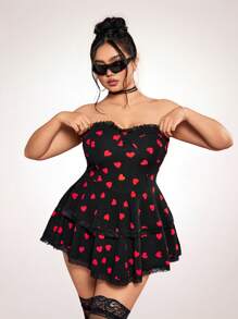 SHEIN ICON Kurzes Minikleid im Große Größen mit Herz-Aufdruck und doppelter Lage, Outfit für Valentinstag Date