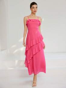 Aveloria Rosie Romantic, Elegant Vacation Style Ruffle Trim Sexy Spaghetti Strap Cinched Waist Multi-Tiered Dress For Women   Old Money Style For Summer