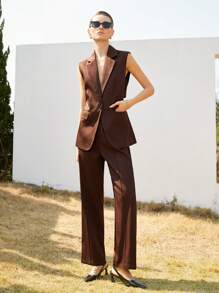 Aveloria Modichic Conjunto de 2 piezas para mujer para ir a trabajar, con chaqueta de metal con hebilla en el cuello en V sin mangas y pantalones de pierna ancha - Café integral - Ver 2