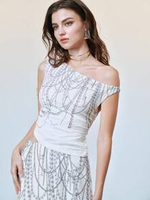 Chiquease Women's Elegant Jewelry Pearl Print Summer Tops White Top Going Out Tops Vacation Outfits Woman Asymmetrical Shoulder Ruched Uneven Hem Casual T-Shirt, Summer,Tops - White - View 7