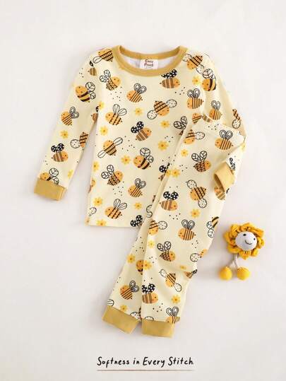 Cozy Pixies Baby Girl Honey Bee Print Colorblock Mjuk stickad rund hals långärmad topp och stretchig midja långbyxor 2 delar Pyjamasset