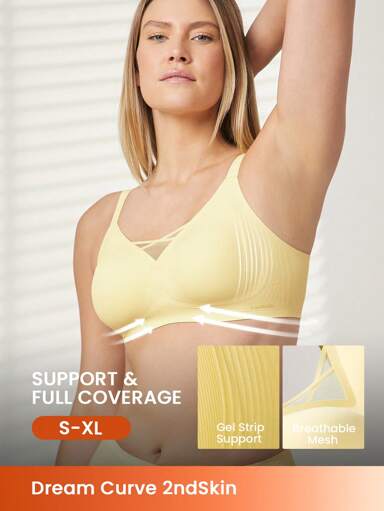 LUVLETTE Dream Curve 2ndSkin 全覆盖无线无缝透气侧支撑 V 领休闲运动健身内衣外穿文胸黄油黄色隐形内衣粘性 SizeFreedom 基本款文胸