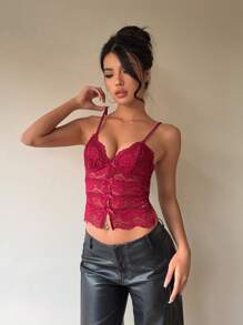 Aloruh 女士紧身透视蕾丝蝴蝶结镂空吊带背心紧身酒红色吊带背心