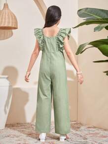SHEIN Leap Crew Tween Girls Woven Chiffon Ruffle Embroidered Wide Leg Jumpsuit, Mint Green, Suitable For Spring Outing, Resort, Garden Tea, Casual Outings - Mint Green - View 2
