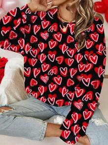 SHEIN LUNE Women Casual Heart Pattern Round Neck Loose Sweatshirt, Suitable For Autumn And Winter - Black - View 1