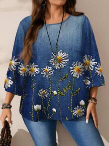 EMERY ROSE 女式加大码花卉图案宽松圆领 3/4 袖衬衫，春夏季休闲装