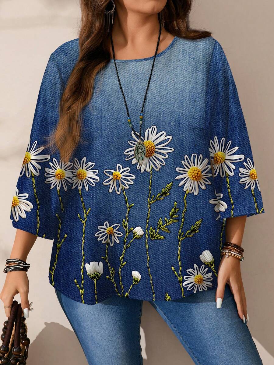 EMERY ROSE 女式加大码花卉图案宽松圆领 3/4 袖衬衫，春夏季休闲装