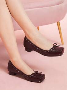 CUCCOO DOLLMOD Women's Square Toe Gray High Heel Shoes, Cylindrical Heel, Casual & Retro Style - Burgundy - View 4